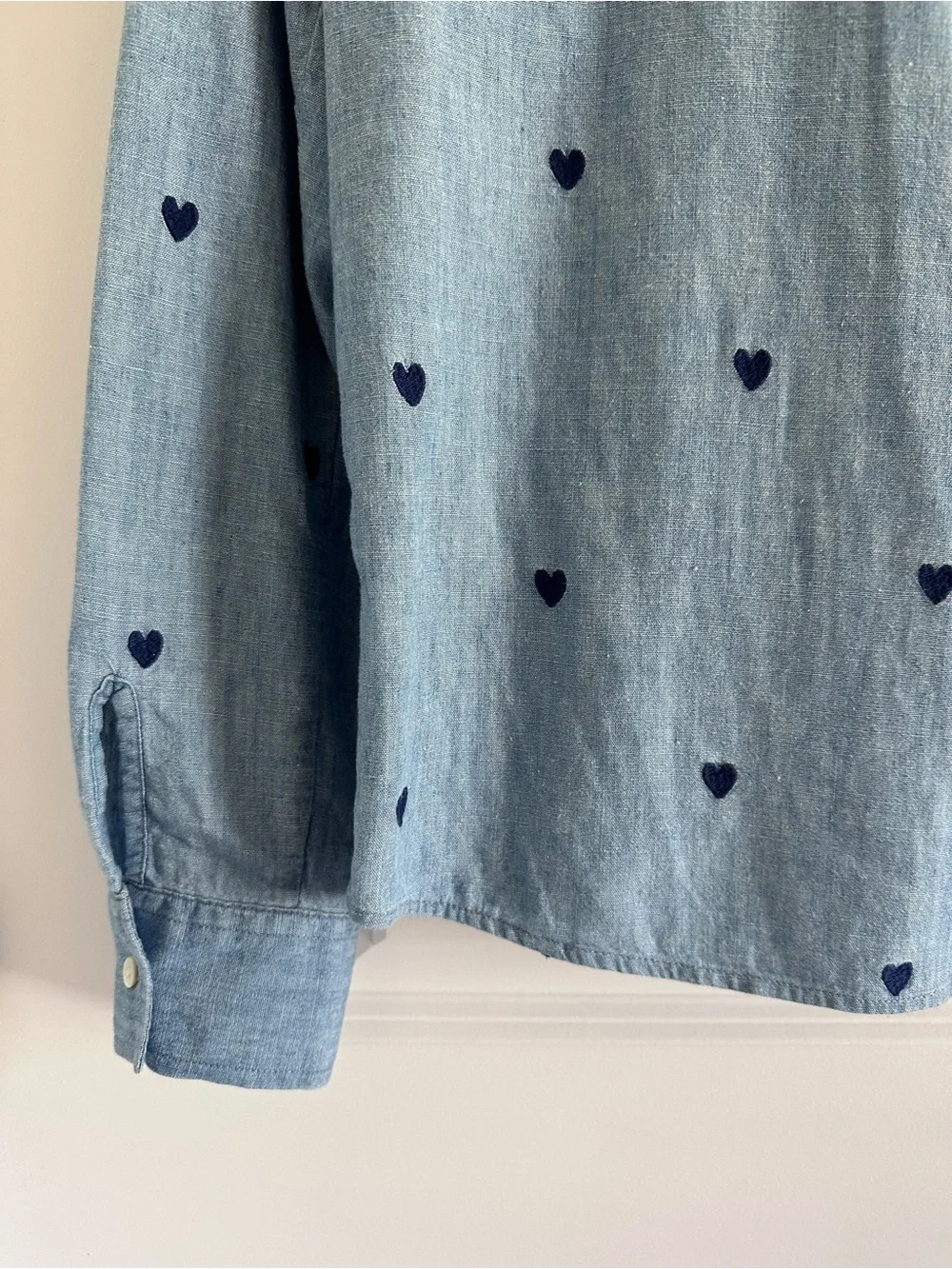 SEZANE Light Blue Chambray Button-Down Shirt with Navy Embroidered Heart Print - Picture 7 of 10